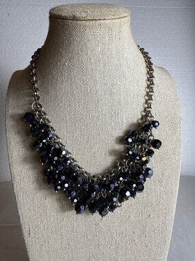 Faceted Blue Crystal Bead Cluster Bib Necklace Chunky Silver Tone Statement